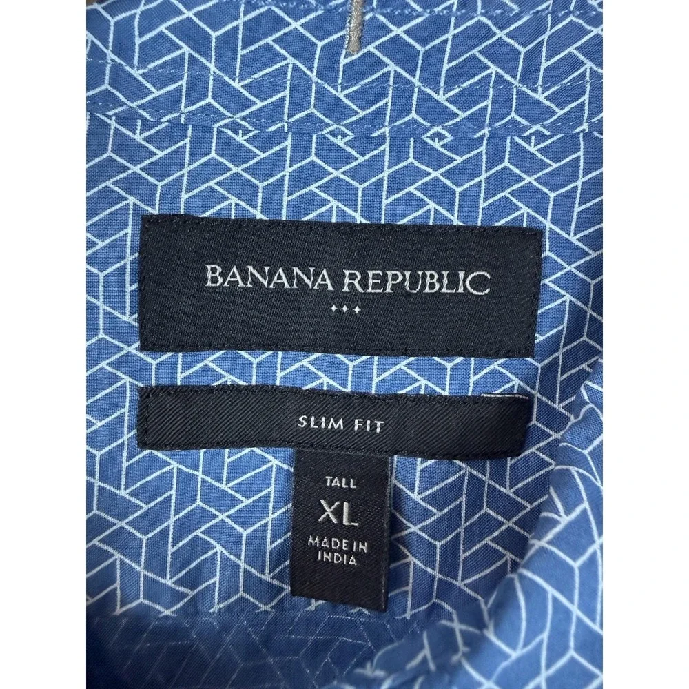 Banana Republic Shirt Mens XLT Blue Geometric Short Sleeve Button Front Slim New